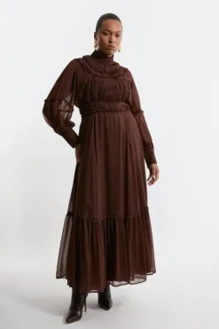 Lydia Millen Plus Size Pleat Crinkle High Neck Drama Sleeve Woven Midaxi Dress