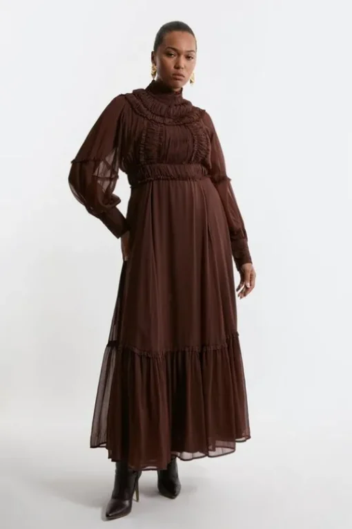 Lydia Millen Plus Size Pleat Crinkle High Neck Drama Sleeve Woven Midaxi Dress