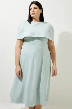 Lydia Millen Plus Size Structured Crepe Cape Sleeve Full Skirt Tailored Midi Dress