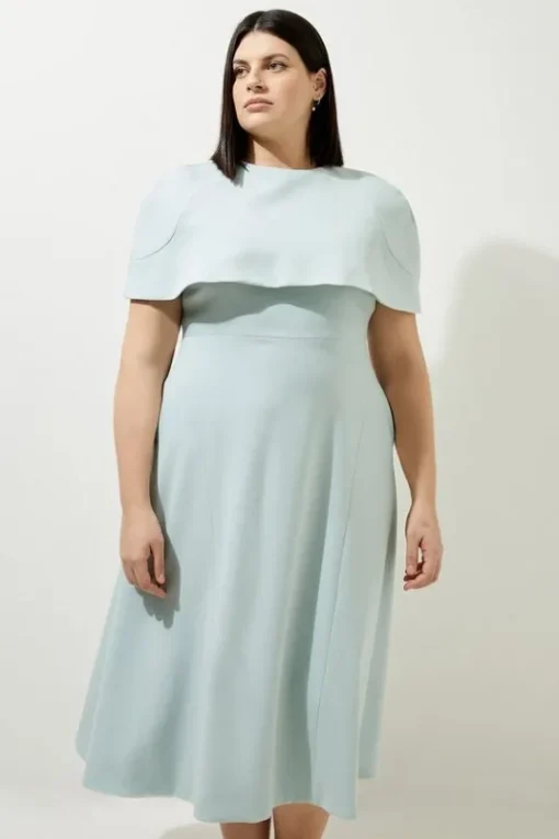 Lydia Millen Plus Size Structured Crepe Cape Sleeve Full Skirt Tailored Midi Dress