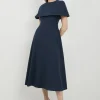 Lydia Millen Structured Crepe Cape Sleeve Full Skirt Tailored Midaxi Dress