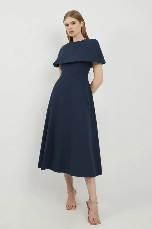 Lydia Millen Structured Crepe Cape Sleeve Full Skirt Tailored Midaxi Dress
