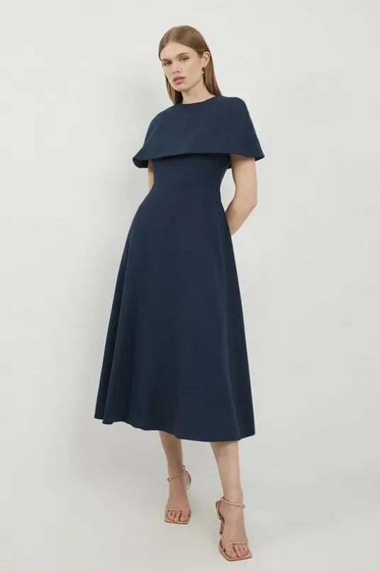 Lydia Millen Tall Structured Crepe Cape Sleeve Full Skirt Tailored Midaxi Dress