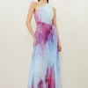 Marble Printed Soft Pleated One Shoulder Maxi Dress