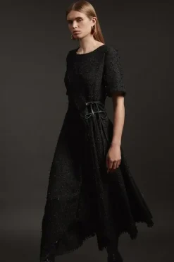 Metallic Boucle Tailored Ruffle Belted Asymmetric Midaxi Dress