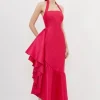 Metallic Taffeta Halterneck Ruffle Hem Maxi Dress