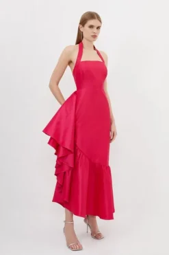 Metallic Taffeta Halterneck Ruffle Hem Maxi Dress