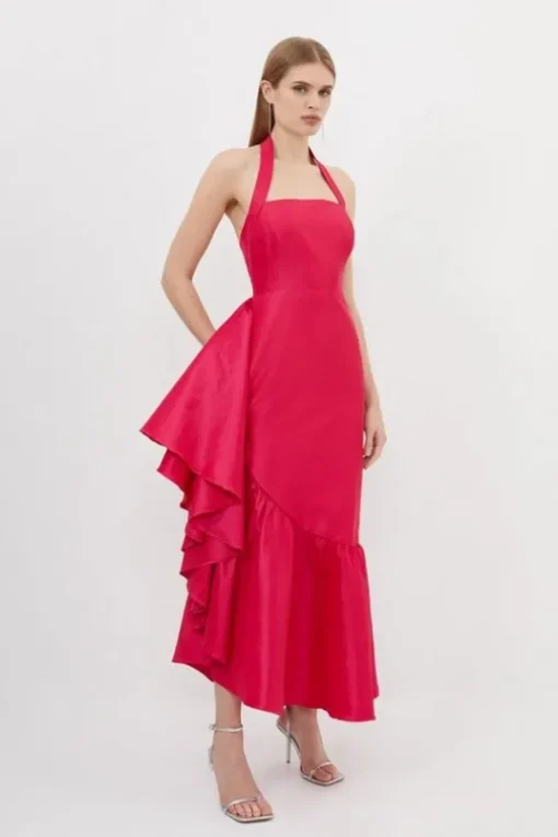 Metallic Taffeta Halterneck Ruffle Hem Maxi Dress