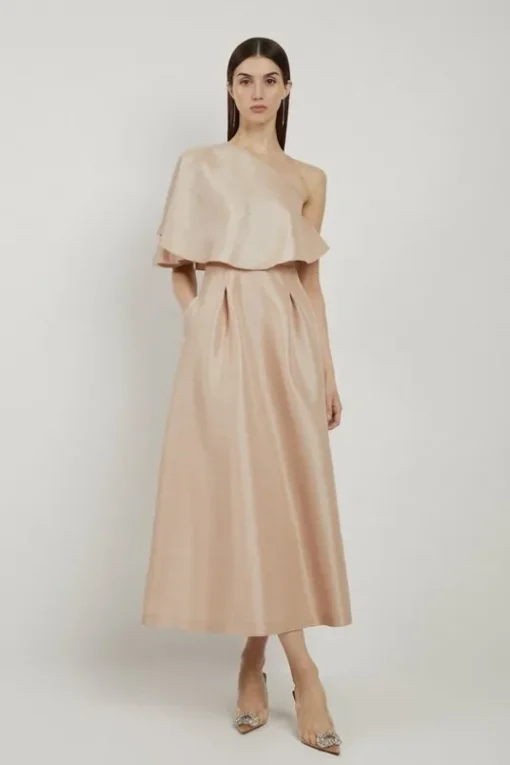 Metallic Taffeta One Shoulder Ruffle Midi Dress