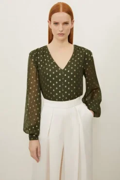Metallic Viscose Georgette Woven V Neck Blouse