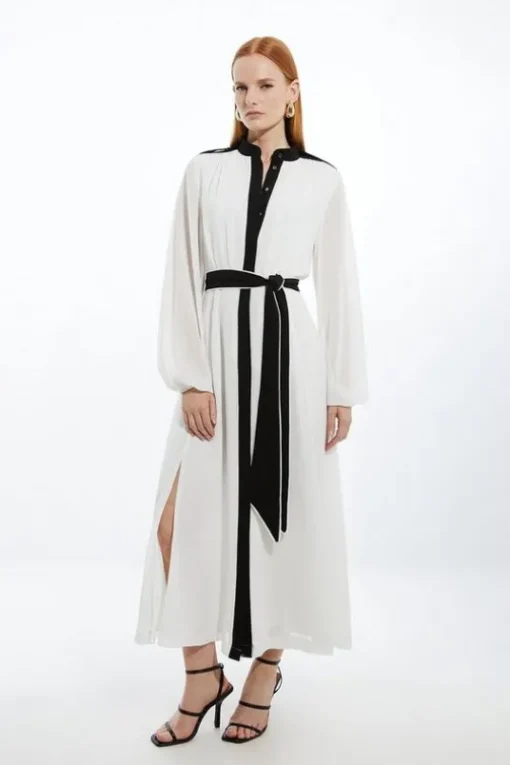 Military Mono Belted Woven Midi Dress