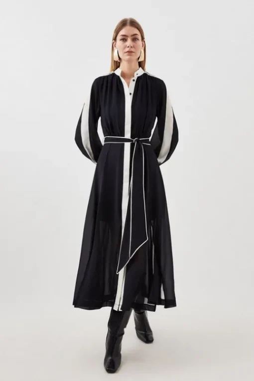 Military Mono Belted Woven Midi Dress
