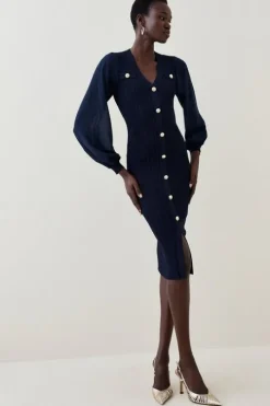 Military Rib Knit Georgette Sleeve Midi Dress