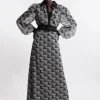Mono Print Belted Woven Maxi Dress