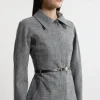 Mono Texture Belted Collared Tailored Jacket