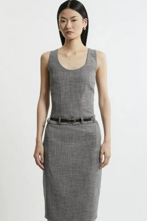 Mono Textured Seam Detail Tailored Midi Dress