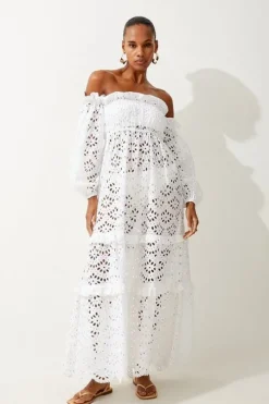Off Shoulder Eyelet Maxi Beach Woven Dress