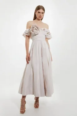 Off The Shoulder Taffeta Ruffle Woven Maxi Dress