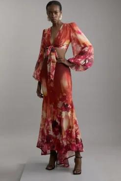 Ombre Floral Tie Front Woven Blouse