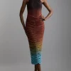 Ombre Jersey Mesh Halter Ruched Midi Dress