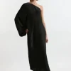 One Shoulder Draped Satin Woven Midaxi Dress