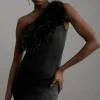 One Shoulder Feather Detail Viscose Blend Knit Mini Dress