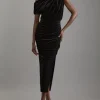 One Shoulder Jersey Draped Midi Dress
