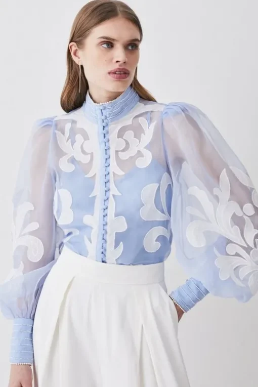 Organdie Applique Buttoned Woven Blouse