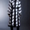 Panelled Stripe Faux Fur Pu Belted Long Coat