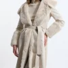 Petite Faux Shearling Collar & Cuff Belted Long Coat