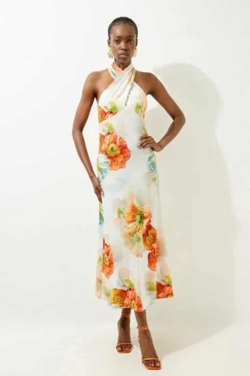 Petite Abstract Floral Printed Jersey Crepe Twist Neckline Maxi Dress