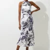 Petite Abstract Floral Satin Woven Halter Midi Dress
