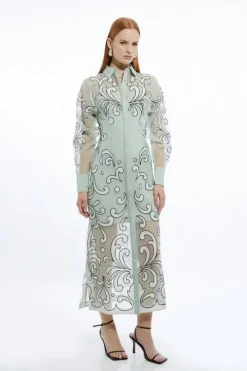 Petite Applique Organdie Woven Midi Shirt Dress