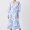 Petite Applique Organdie Buttoned Woven Midi Dress