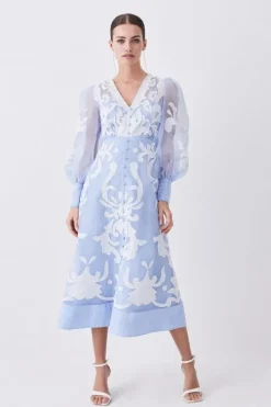 Petite Applique Organdie Buttoned Woven Midi Dress