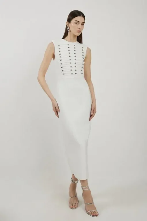 Petite Bandage Figure Form Military Detail Maxi Dress