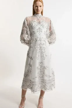 Petite Baroque Organdie Applique Buttoned Woven Maxi Dress