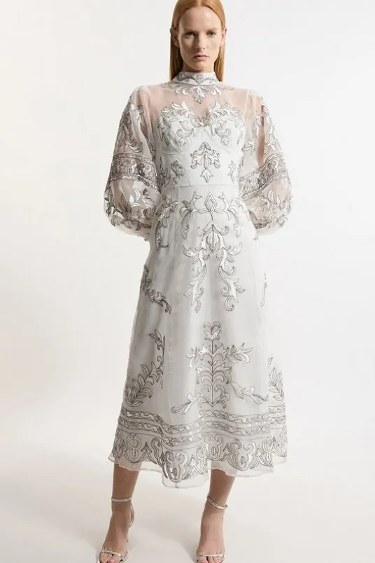 Petite Baroque Organdie Applique Buttoned Woven Maxi Dress