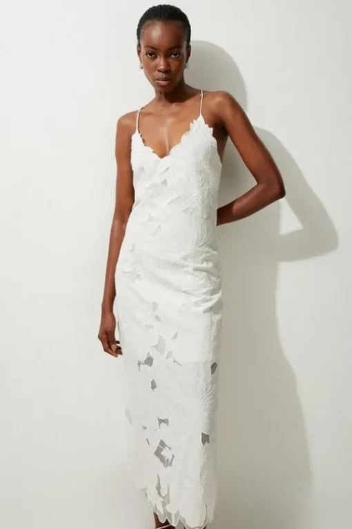 Petite Beaded Cotton Organdie Cutwork Woven Strappy Midi Dress