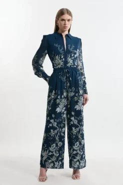 Petite Border Print Viscose Piped Woven Wide Leg Pants