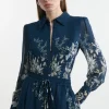 Petite Border Print Viscose Piped Woven Shirt Balloon Sleeve Shirt