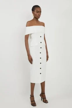 Petite Clean Tailored Off The Shoulder Button Through Midi Dress