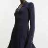 Petite Collared Contrast Color Block Full Skirted Midaxi Knit Dress