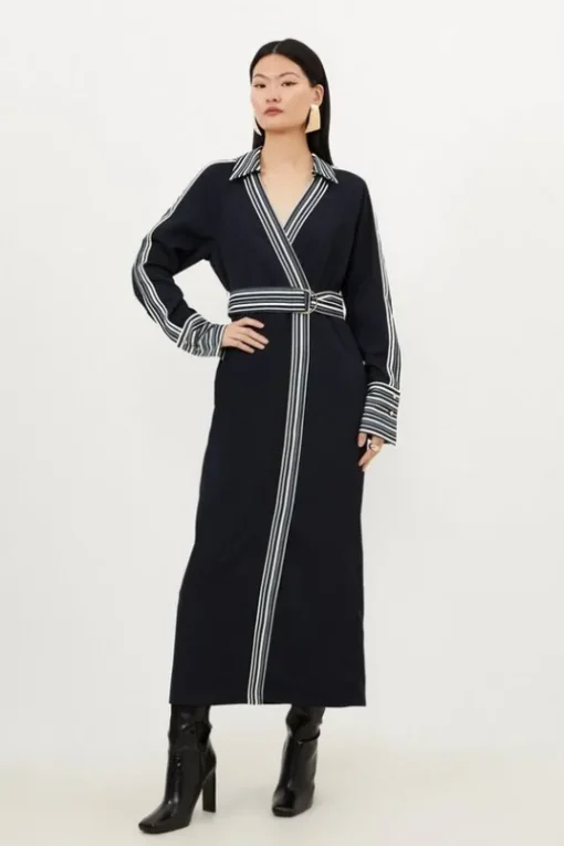 Petite Collared Contrast Twill Woven Belted Midaxi Dress