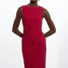 Petite Compact Stretch Belted Tailored Midi Pencil Dress