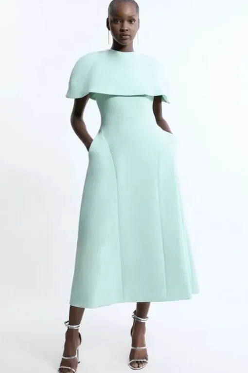Petite Compact Stretch Cape Sleeve Full Skirt Tailored Midaxi Dress