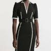 Petite Compact Stretch Contrast Tipped Forever Belted Tailored Midi Dress