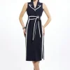 Petite Compact Stretch Contrast Tipped Belted Pencil Maxi Dress