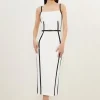 Petite Compact Stretch Contrast Tailored Belted Midi Dress