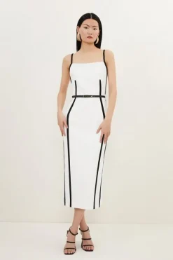 Petite Compact Stretch Contrast Tailored Belted Midi Dress